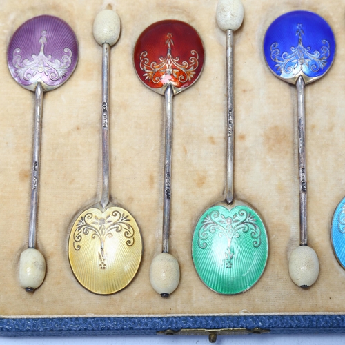 1689 - A set of 6 Art Deco George V silver and harlequin enamel bean end coffee spoons, Turner & Simpson Lt... 