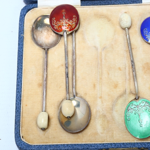 1689 - A set of 6 Art Deco George V silver and harlequin enamel bean end coffee spoons, Turner & Simpson Lt... 