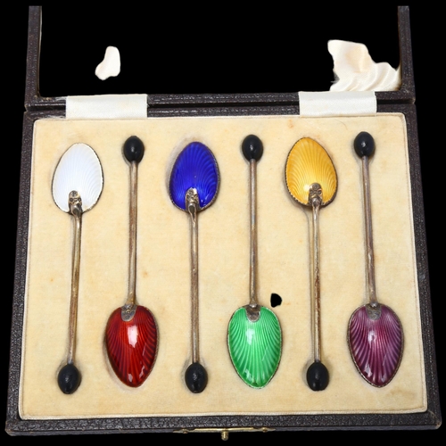 1690 - A set of 6 Art Deco George V silver and harlequin enamel bean-end coffee spoons, Barker Brothers, Bi... 