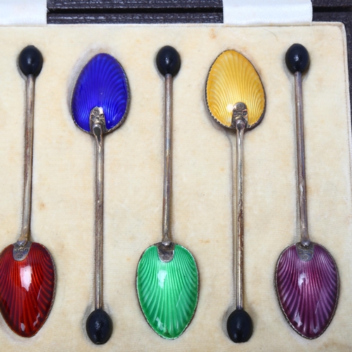 1690 - A set of 6 Art Deco George V silver and harlequin enamel bean-end coffee spoons, Barker Brothers, Bi... 