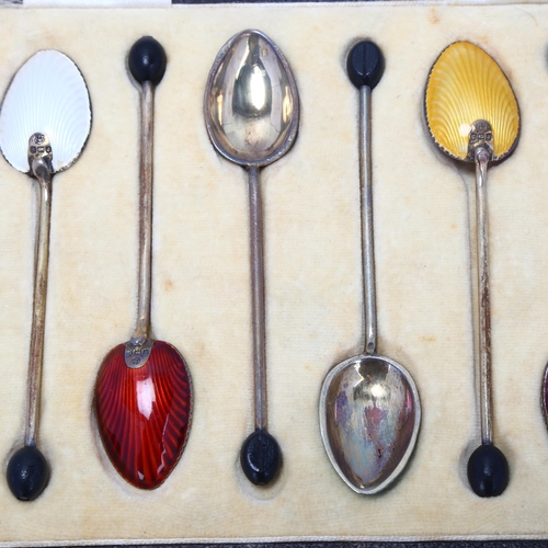 1690 - A set of 6 Art Deco George V silver and harlequin enamel bean-end coffee spoons, Barker Brothers, Bi... 