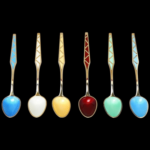 1691 - EGON LAURIDSEN - a cased set of 6 Danish vermeil sterling silver and harlequin enamel coffee spoons,... 