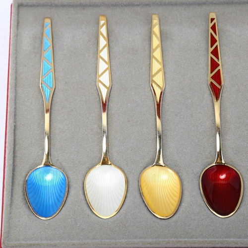 1691 - EGON LAURIDSEN - a cased set of 6 Danish vermeil sterling silver and harlequin enamel coffee spoons,... 