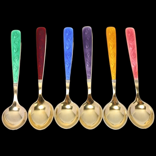 1692 - VOLMER BAHNER - a set of 6 Danish vermeil and sterling silver harlequin enamel coffee spoons, 9.5cm