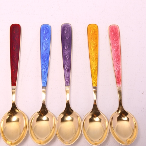 1692 - VOLMER BAHNER - a set of 6 Danish vermeil and sterling silver harlequin enamel coffee spoons, 9.5cm