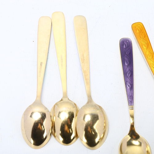 1692 - VOLMER BAHNER - a set of 6 Danish vermeil and sterling silver harlequin enamel coffee spoons, 9.5cm