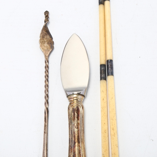 1698 - Various silver, comprising cocktail swizzle stick, German oyster knife, and pair of bone chopsticks,... 