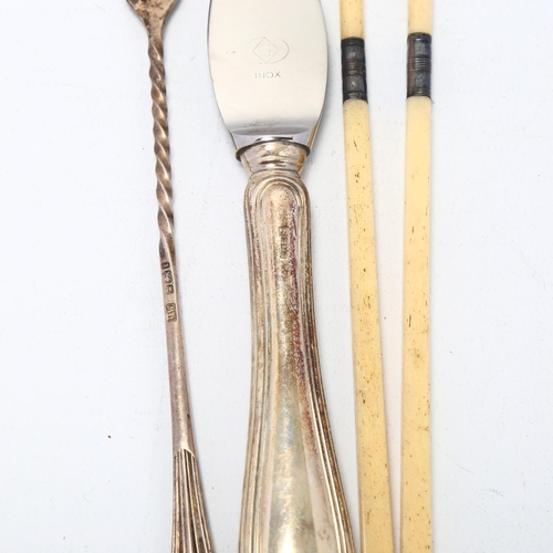 1698 - Various silver, comprising cocktail swizzle stick, German oyster knife, and pair of bone chopsticks,... 