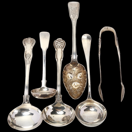 1699 - Various silver flatware, including pair of Scottish Victorian sugar tongs, George III berry spoon et... 