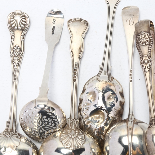 1699 - Various silver flatware, including pair of Scottish Victorian sugar tongs, George III berry spoon et... 