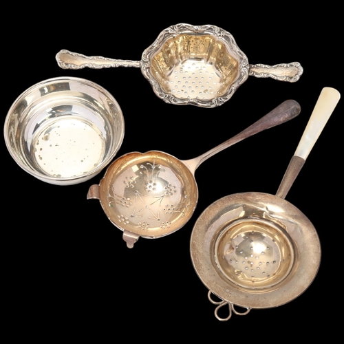 1700 - 2 silver tea strainers, and a silver plated strainer with bowl, largest length 17cm (3)