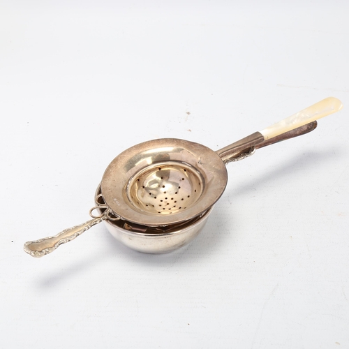 1700 - 2 silver tea strainers, and a silver plated strainer with bowl, largest length 17cm (3)