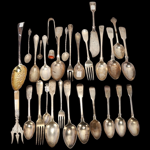 1701 - Various silver flatware, including George III berry spoon, Victorian fish knife, bread fork etc, 27o... 