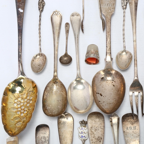 1701 - Various silver flatware, including George III berry spoon, Victorian fish knife, bread fork etc, 27o... 