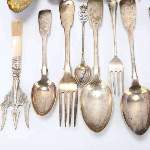 1701 - Various silver flatware, including George III berry spoon, Victorian fish knife, bread fork etc, 27o... 