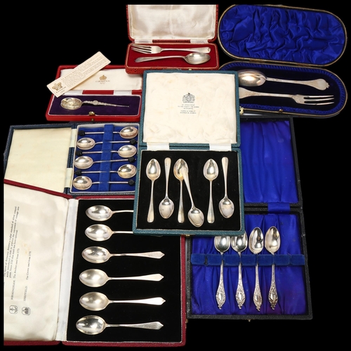 1705 - 7 cased sets of silver cutlery, including Rattail pattern fork and spoon eating set, 11oz gross