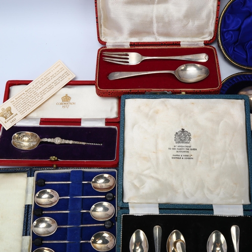 1705 - 7 cased sets of silver cutlery, including Rattail pattern fork and spoon eating set, 11oz gross