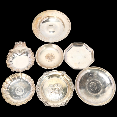 1711 - Various silver pin dishes, including Mappin & Webb Armada dish, 11.5cm, 12oz total (7)