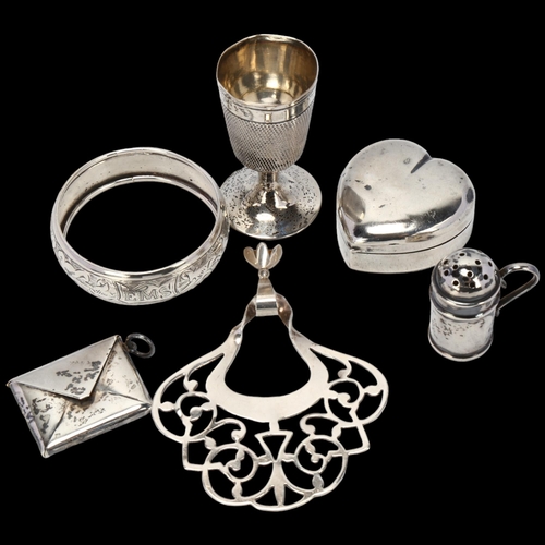 1714 - Various silver, including postage stamp case, heart pillbox, miniature thimble goblet etc