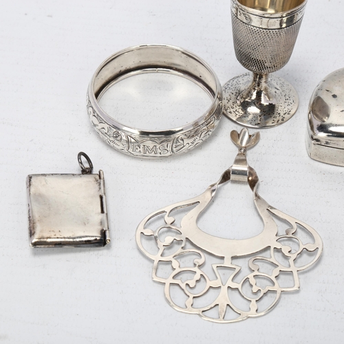 1714 - Various silver, including postage stamp case, heart pillbox, miniature thimble goblet etc