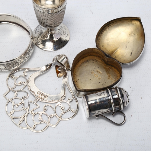 1714 - Various silver, including postage stamp case, heart pillbox, miniature thimble goblet etc