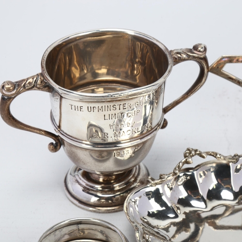 1716 - Various silver, including small sterling dressing table dish, golf trophy cup, etc, 5.8oz total