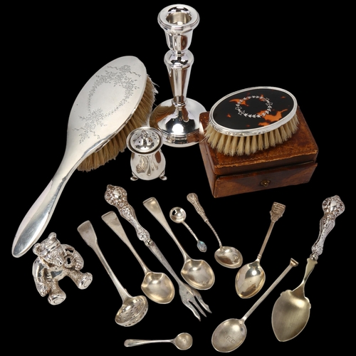 1717 - Various silver, including dressing table hair brush, table candlestick, travelling tortoiseshell van... 