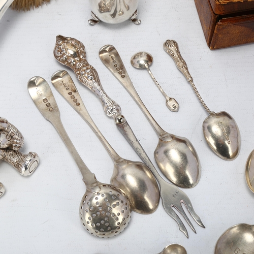 1717 - Various silver, including dressing table hair brush, table candlestick, travelling tortoiseshell van... 