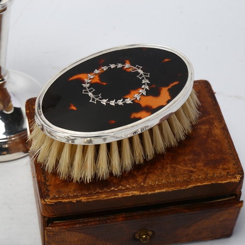 1717 - Various silver, including dressing table hair brush, table candlestick, travelling tortoiseshell van... 