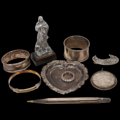 1718 - Various silver, including Chinese 1 yen coin pendant, heart dressing table dish, cubic zirconia eter... 