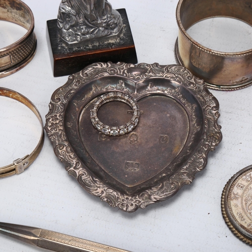 1718 - Various silver, including Chinese 1 yen coin pendant, heart dressing table dish, cubic zirconia eter... 