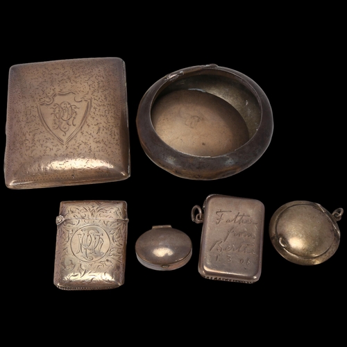 1719 - Various silver, including curved cigarette case, Vesta case, tobacco box (A/F), etc, 8.7oz total