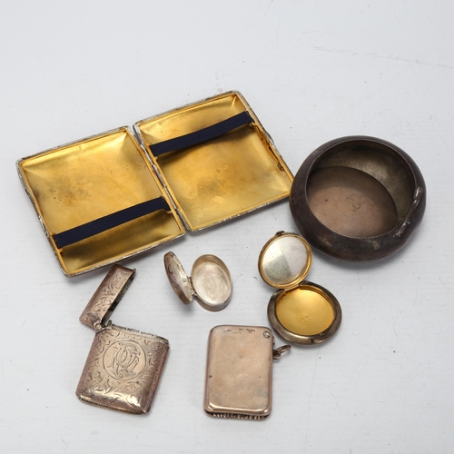 1719 - Various silver, including curved cigarette case, Vesta case, tobacco box (A/F), etc, 8.7oz total