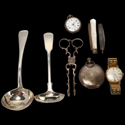 1720 - Various silver, including pair of scissor sugar nips, Victorian sauce ladle etc