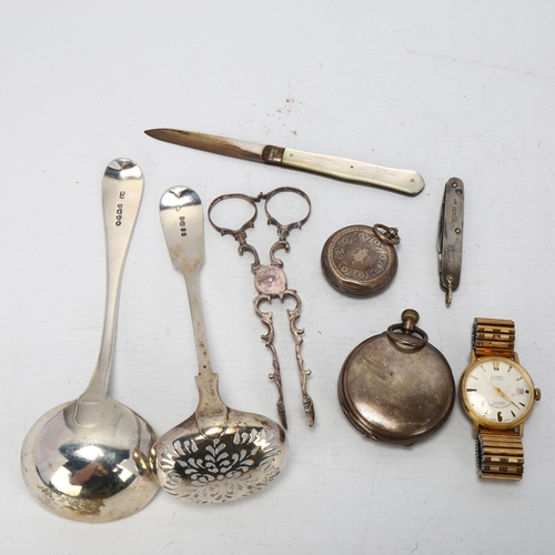 1720 - Various silver, including pair of scissor sugar nips, Victorian sauce ladle etc