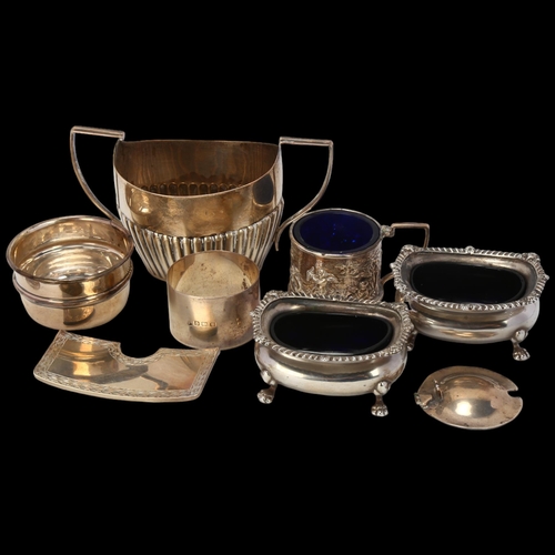 1722 - Various silver, including salt cellars, 2-handled sugar bowl etc, 10.8oz weighable