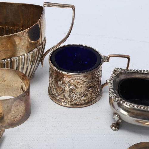 1722 - Various silver, including salt cellars, 2-handled sugar bowl etc, 10.8oz weighable