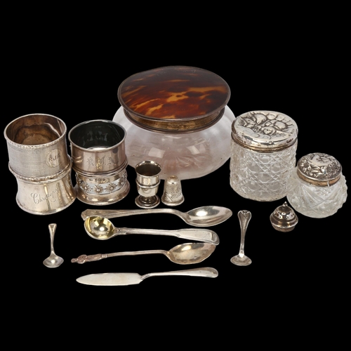 1723 - Various silver, including tortoiseshell dressing table box, napkin rings etc