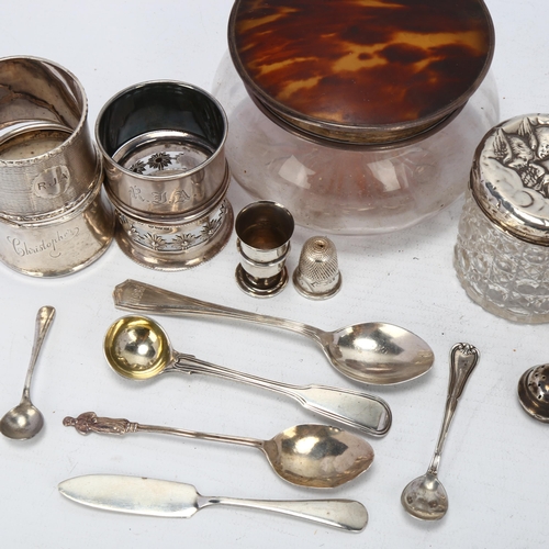 1723 - Various silver, including tortoiseshell dressing table box, napkin rings etc