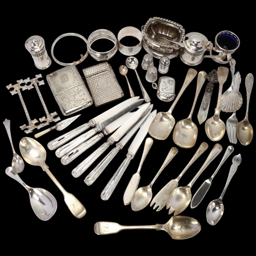 1724 - Various silver and plate, including mustard pot, hinged bangles, teaspoons etc