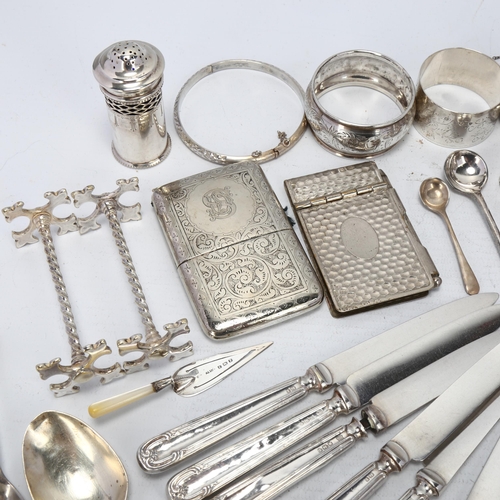 1724 - Various silver and plate, including mustard pot, hinged bangles, teaspoons etc