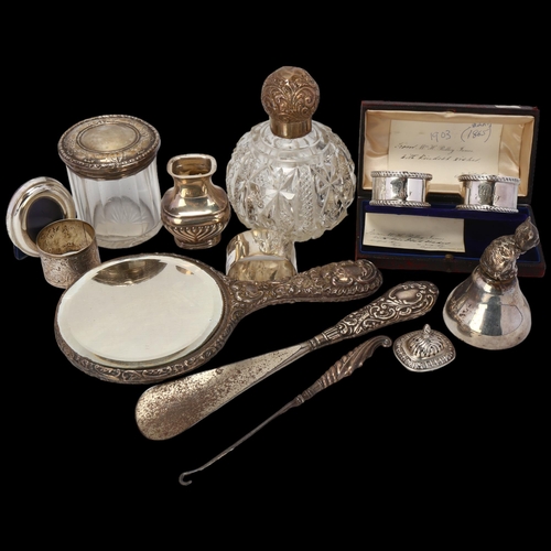 1725 - Various silver, including cat bell, dressing table perfume jar, dressing table hand mirror etc