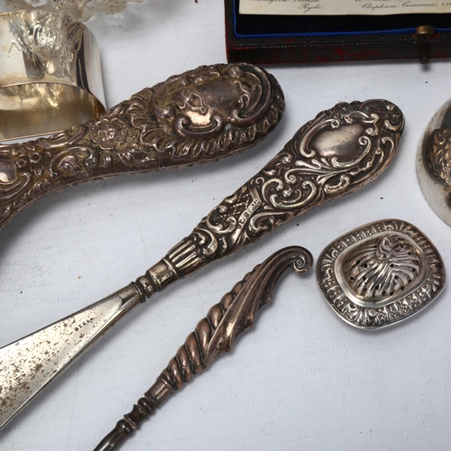 1725 - Various silver, including cat bell, dressing table perfume jar, dressing table hand mirror etc