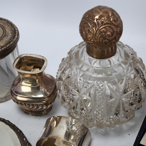 1725 - Various silver, including cat bell, dressing table perfume jar, dressing table hand mirror etc