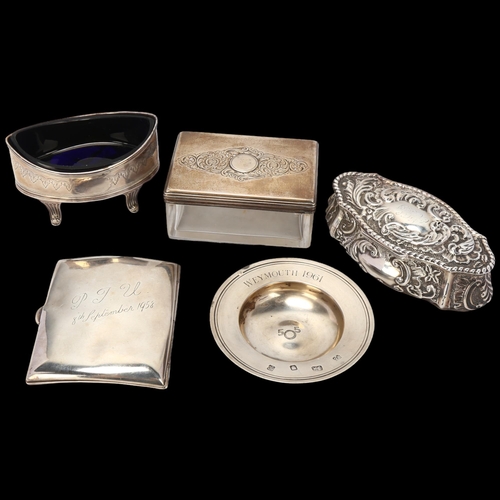 1730 - Various silver, including curved cigarette case, Armada dish, dressing table box, Birmingham 1901 et... 