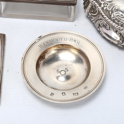 1730 - Various silver, including curved cigarette case, Armada dish, dressing table box, Birmingham 1901 et... 