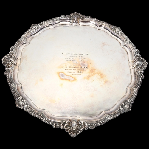 1755 - WITHDRAWN - A large late Victorian silver salver, Harrison Brothers, Sheffield 1899, circular scallo... 