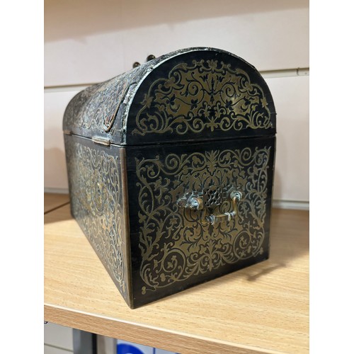 377 - A 19th century dome-top stationery box, mahogany with intricate brass marquetry inlay, and brass car... 