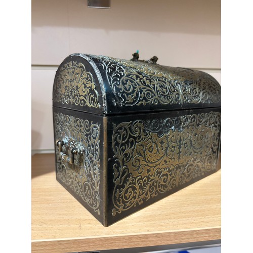 377 - A 19th century dome-top stationery box, mahogany with intricate brass marquetry inlay, and brass car... 