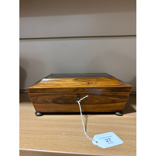 27 - A Victorian Tunbridge Ware jewel box, cube parquetry inlaid lid, with original key, 23 x 15.5cm